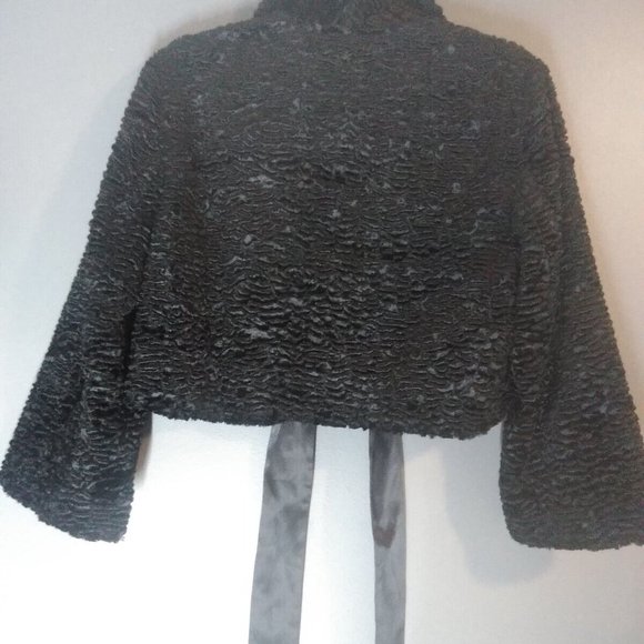 Evening Shrug/Jacket Solid Black Cropped 3/4 Sleeves, Ribbon Tie Small Petite - Picture 3 of 7